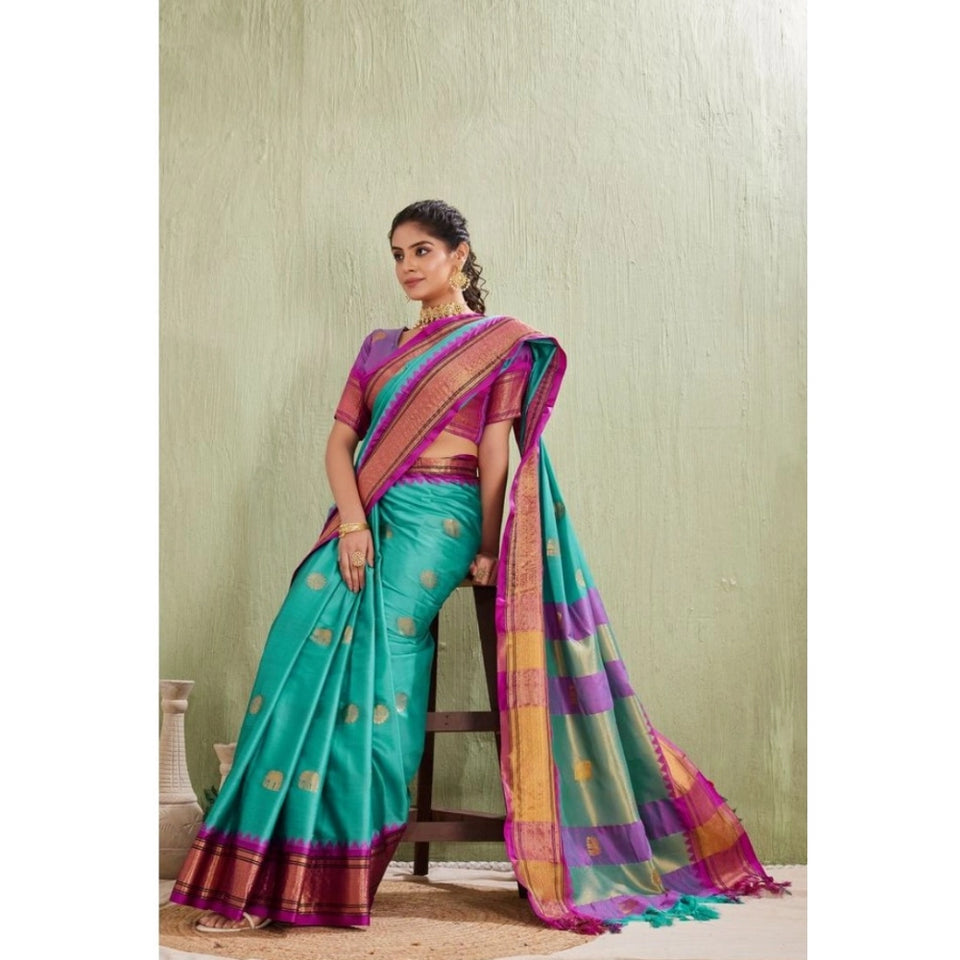 Generic Women's Silk Blended Jaquard Woven Saree With Unstitched Blouse 5.5Mtr (Light Blue)