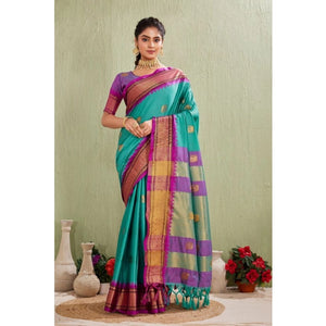 Generic Women's Silk Blended Jaquard Woven Saree With Unstitched Blouse 5.5Mtr (Light Blue)