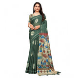 Generic Women's Linen Printed Saree With Unstitched Blouse 5.5Mtr (Dark Green)