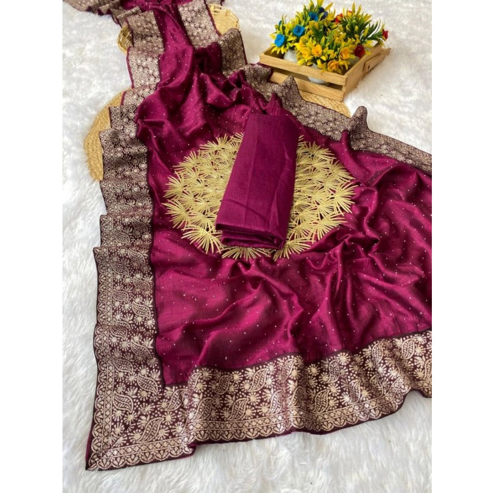 Generic Women's Silk Embroidred Saree With Unstitched Blouse 5.5Mtr (Purple)
