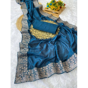Generic Women's Silk Embroidred Saree With Unstitched Blouse 5.5Mtr (Light Green)
