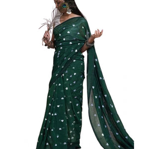 Generic Women's Linen Printed Saree With Unstitched Blouse 5.5Mtr (Green)