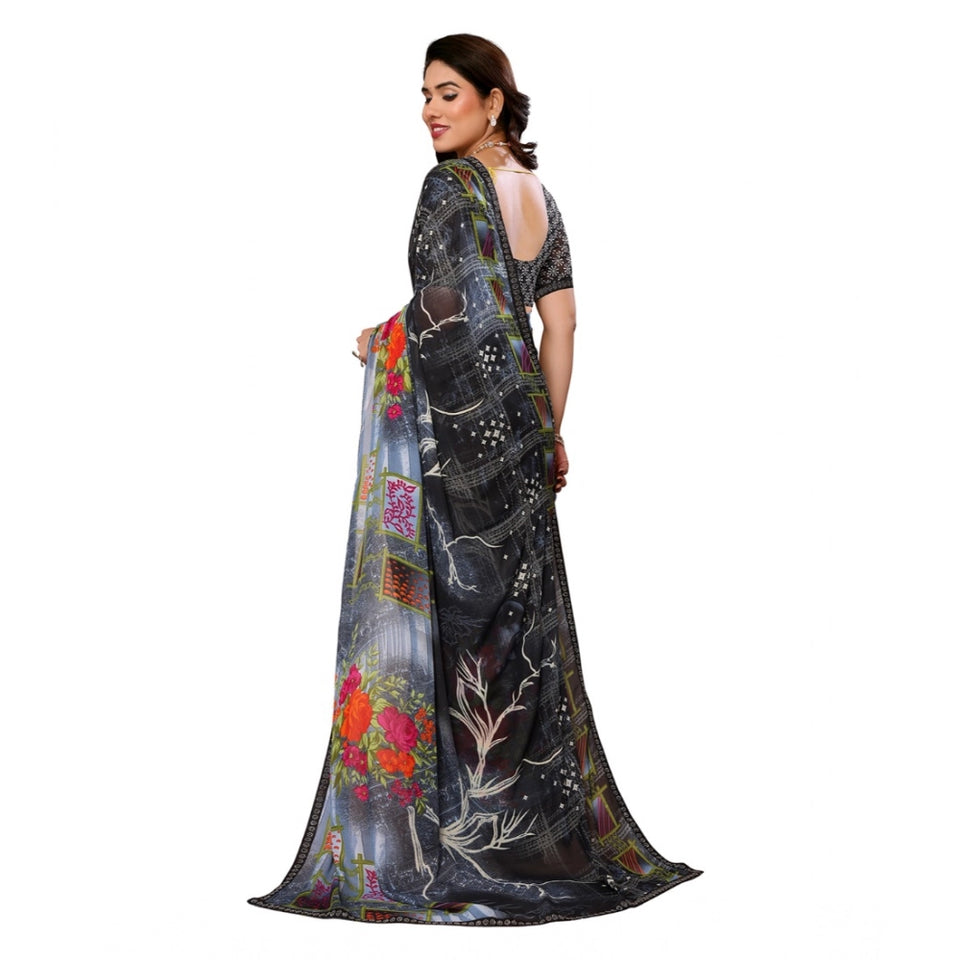 Generic Women's Georgette Printed Saree With Unstitched Blouse 5.5Mtr (Black)