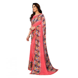 Generic Women's Georgette Printed Saree With Unstitched Blouse 5.5Mtr (Pink)