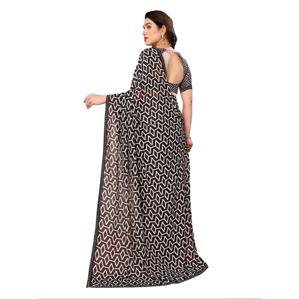 Generic Women's Georgette Printed Saree With Unstitched Blouse 5.5Mtr (Black)