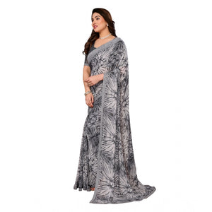 Generic Women's Georgette Printed Saree With Unstitched Blouse 5.5Mtr (Grey)
