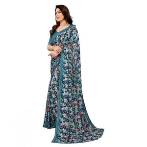 Generic Women's Georgette Printed Saree With Unstitched Blouse 5.5Mtr (Sky Blue)