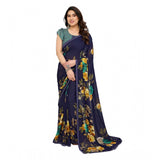 Generic Women's Georgette Printed Saree With Unstitched Blouse 5.5Mtr (Navy Blue)