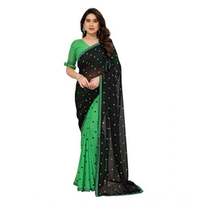 Generic Women's Georgette Printed Saree With Unstitched Blouse 5.5Mtr (Black-Green)