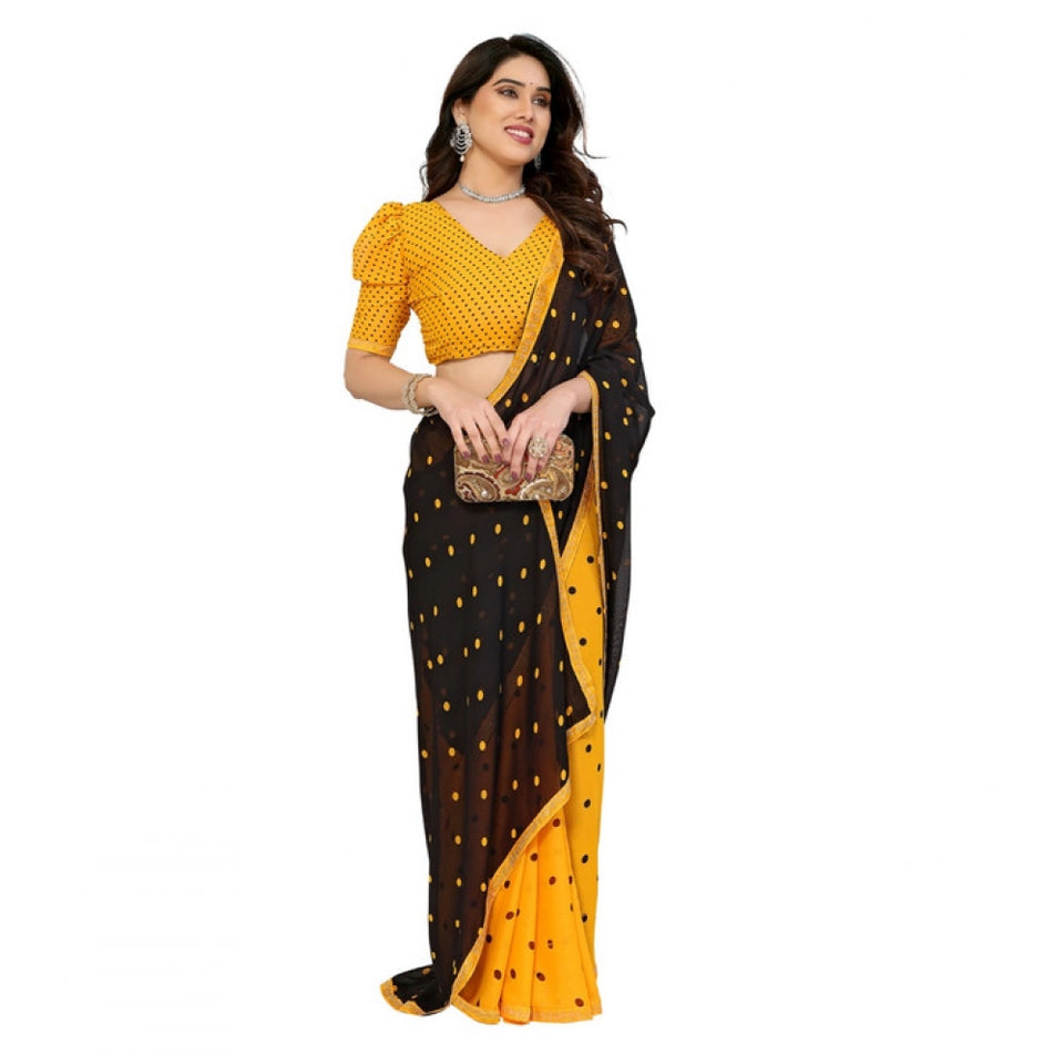 Generic Women's Georgette Printed Saree With Unstitched Blouse 5.5Mtr (Black-Yellow)