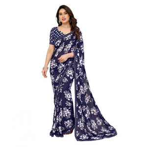 Generic Women's Georgette Printed Saree With Unstitched Blouse 5.5Mtr (Navy Blue)