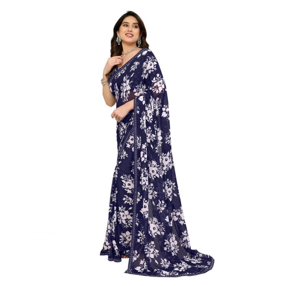 Generic Women's Georgette Printed Saree With Unstitched Blouse 5.5Mtr (Navy Blue)