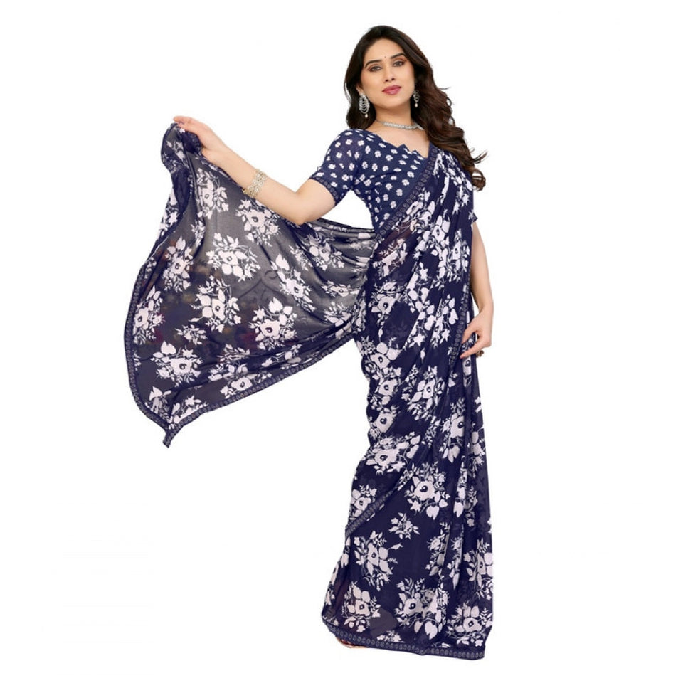 Generic Women's Georgette Printed Saree With Unstitched Blouse 5.5Mtr (Navy Blue)