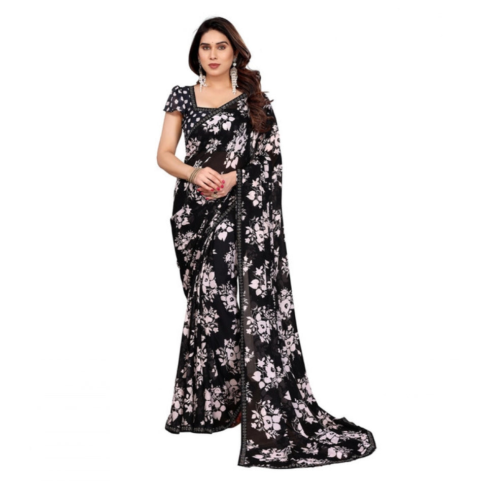 Generic Women's Georgette Printed Saree With Unstitched Blouse 5.5Mtr (Black)