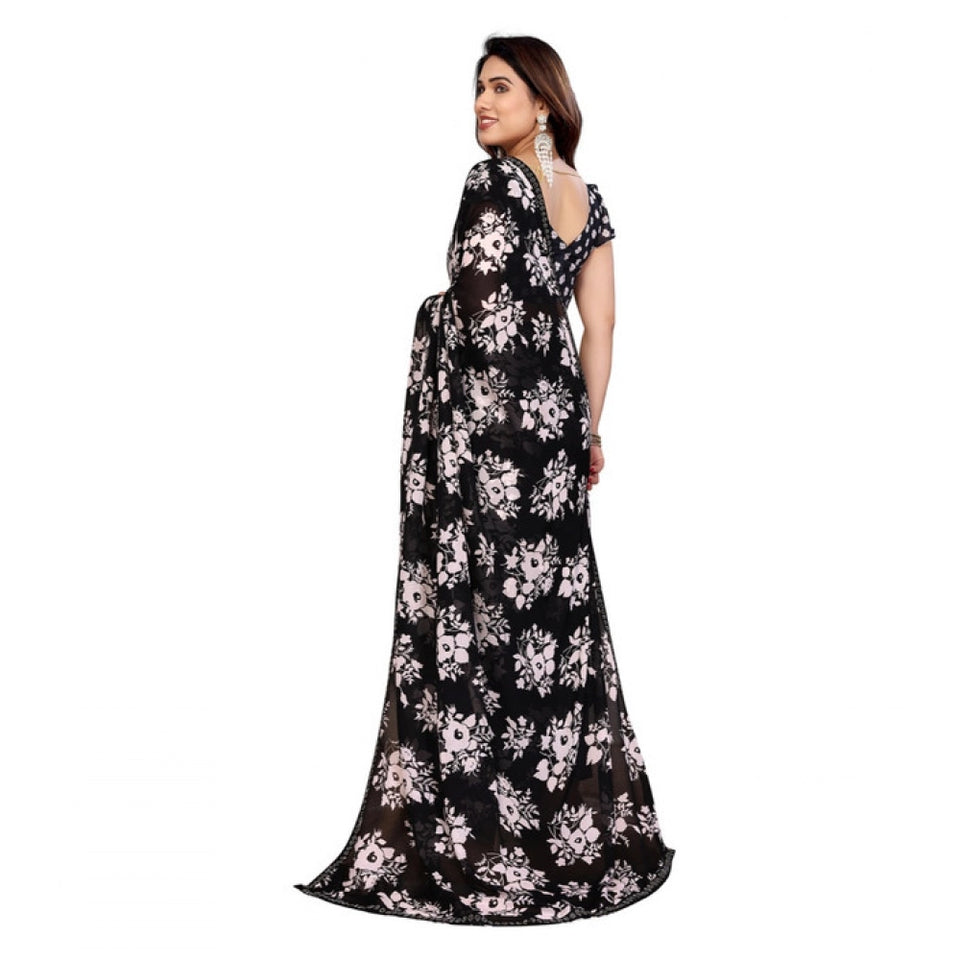 Generic Women's Georgette Printed Saree With Unstitched Blouse 5.5Mtr (Black)