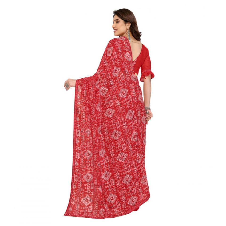 Generic Women's Georgette Printed Saree With Unstitched Blouse 5.5Mtr (Red)