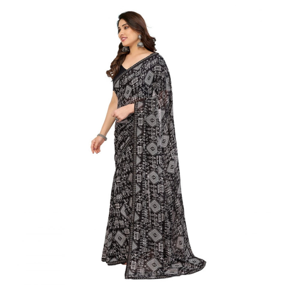 Generic Women's Georgette Printed Saree With Unstitched Blouse 5.5Mtr (Black)