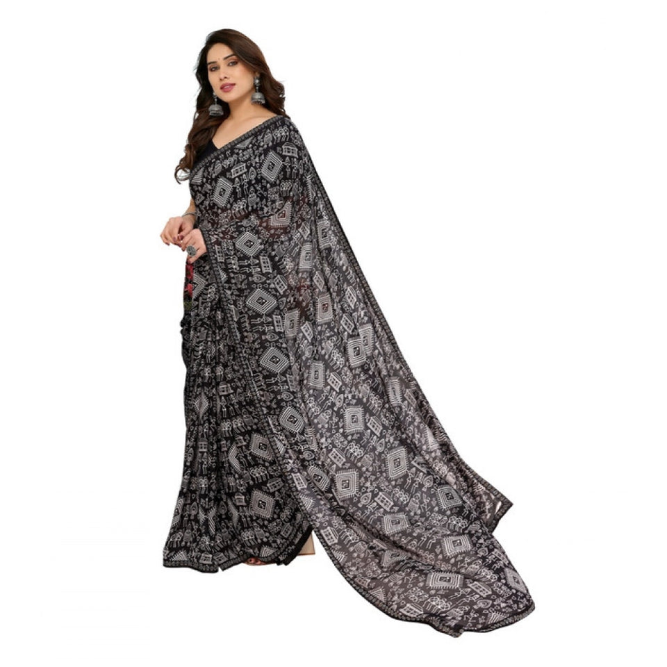 Generic Women's Georgette Printed Saree With Unstitched Blouse 5.5Mtr (Black)