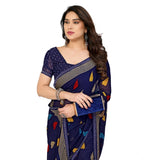 Generic Women's Georgette Printed Saree With Unstitched Blouse 5.5Mtr (Navy Blue)