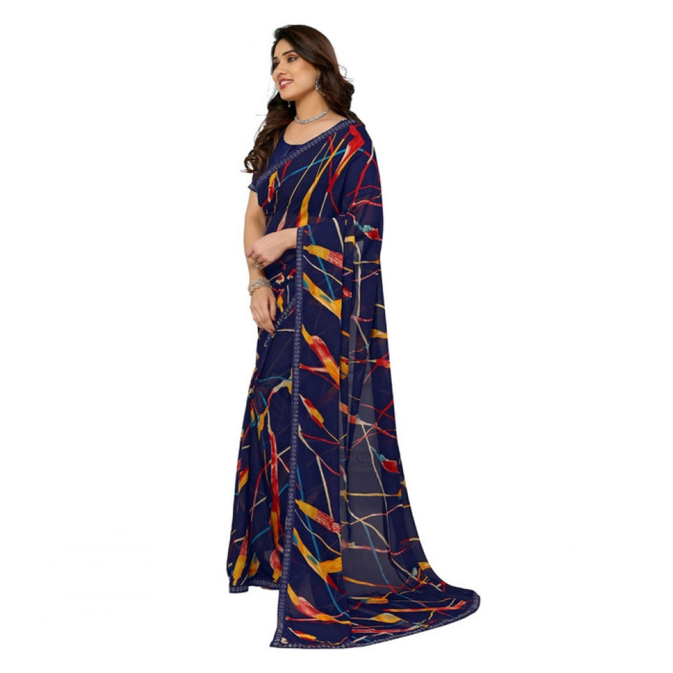 Generic Women's Georgette Printed Saree With Unstitched Blouse 5.5Mtr (Blue)
