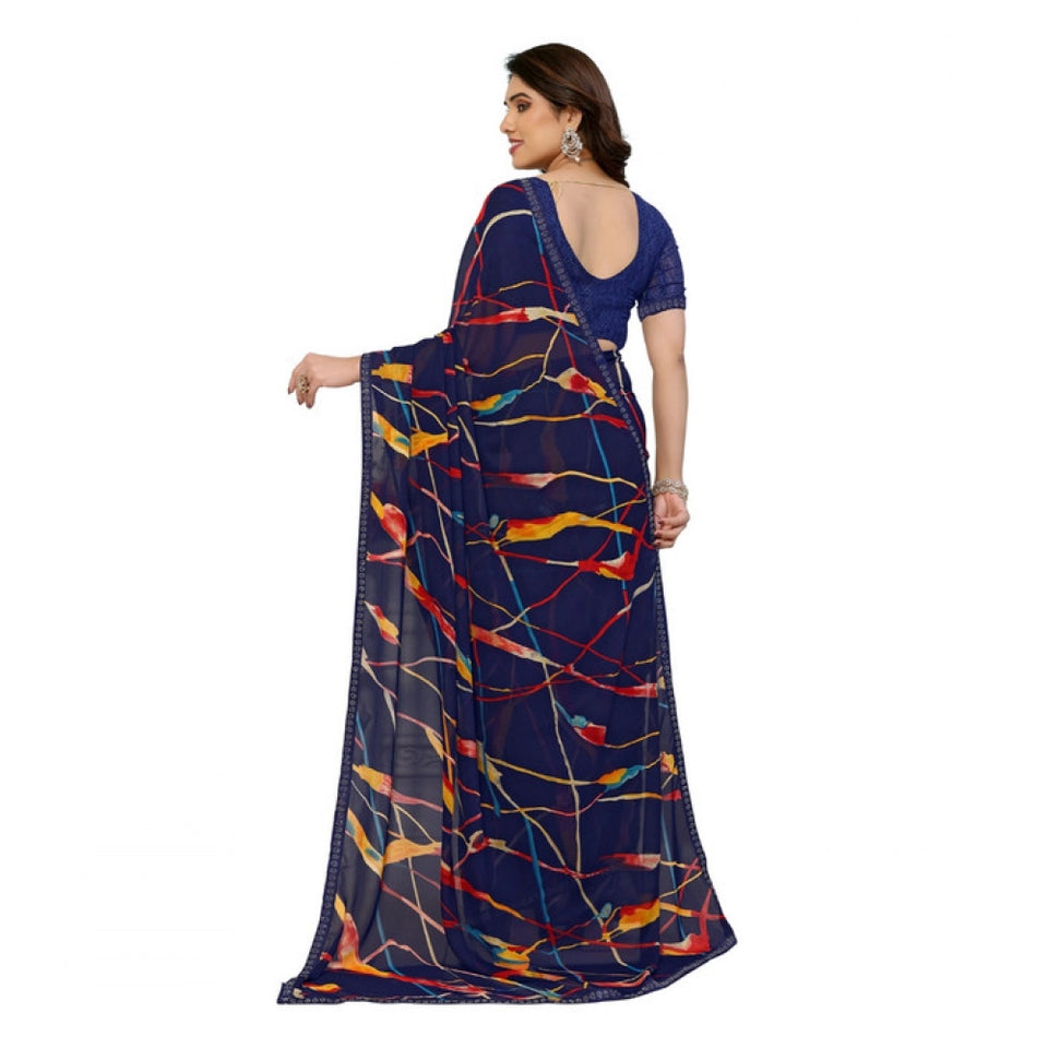 Generic Women's Georgette Printed Saree With Unstitched Blouse 5.5Mtr (Blue)