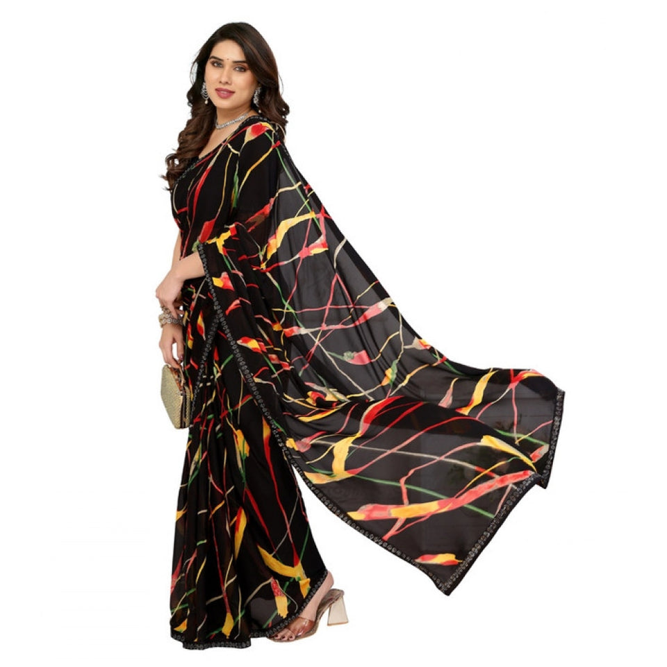 Generic Women's Georgette Printed Saree With Unstitched Blouse 5.5Mtr (Black)