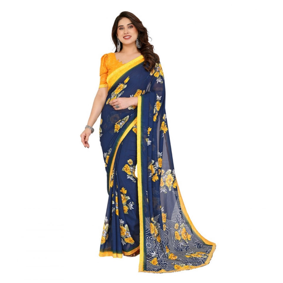 Generic Women's Georgette Printed Saree With Unstitched Blouse 5.5Mtr (Blue)