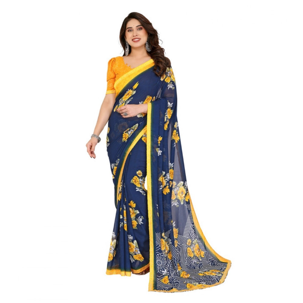 Generic Women's Georgette Printed Saree With Unstitched Blouse 5.5Mtr (Blue)