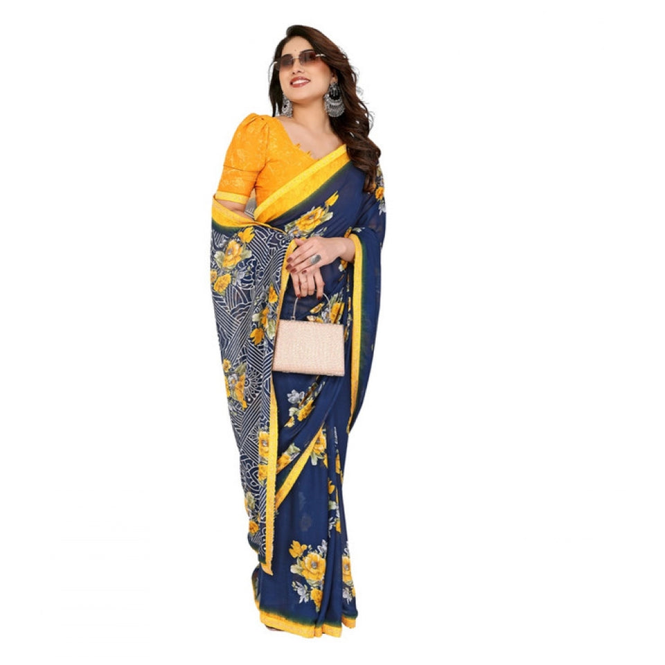 Generic Women's Georgette Printed Saree With Unstitched Blouse 5.5Mtr (Blue)