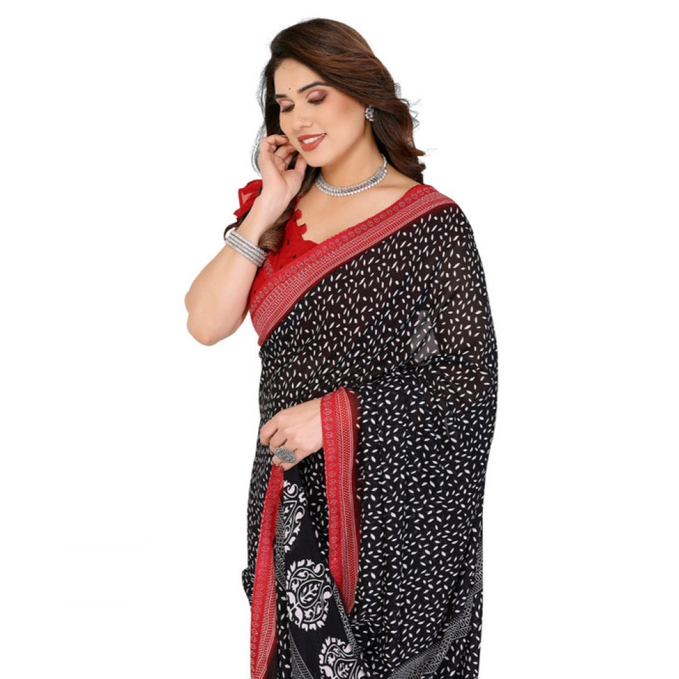Generic Women's Georgette Printed Saree With Unstitched Blouse 5.5Mtr (Black)