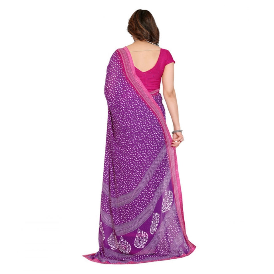 Generic Women's Georgette Printed Saree With Unstitched Blouse 5.5Mtr (Purple)