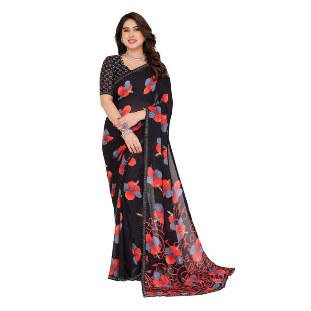 Generic Women's Georgette Printed Saree With Unstitched Blouse 5.5Mtr (Black)