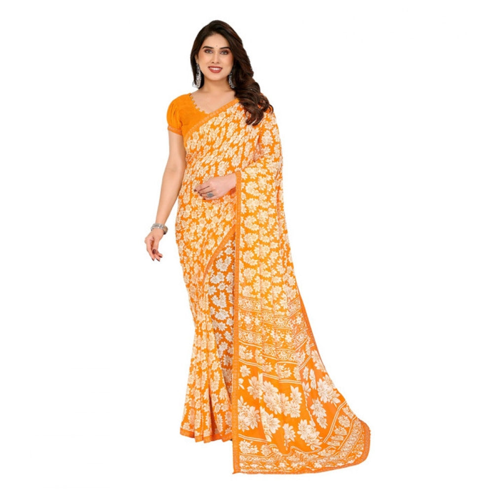 Generic Women's Georgette Printed Saree With Unstitched Blouse 5.5Mtr (Yellow)