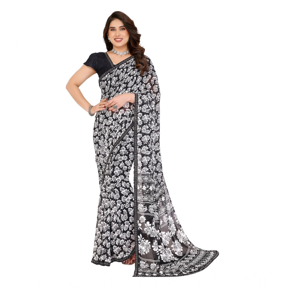 Generic Women's Georgette Printed Saree With Unstitched Blouse 5.5Mtr (Black)