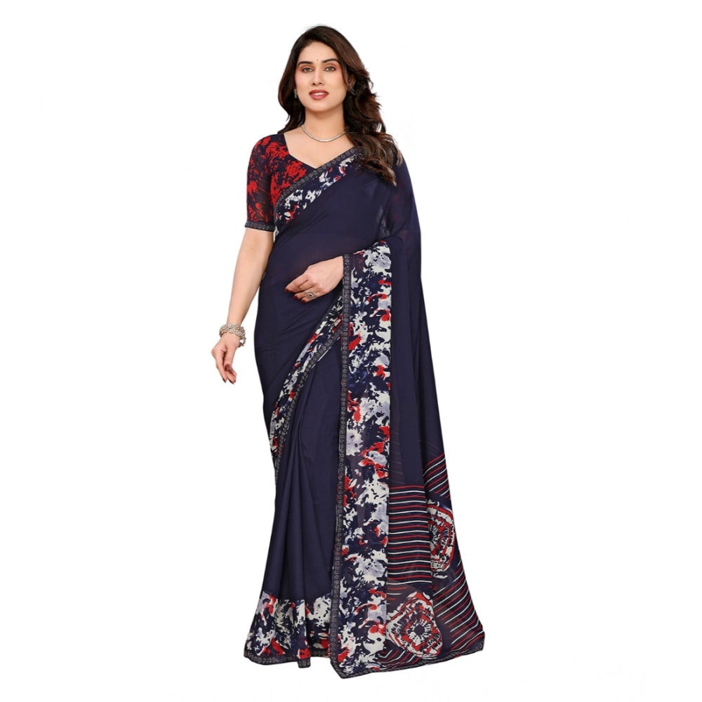 Generic Women's Georgette Printed Saree With Unstitched Blouse 5.5Mtr (Navy Blue)