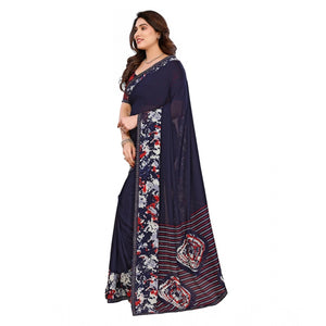 Generic Women's Georgette Printed Saree With Unstitched Blouse 5.5Mtr (Navy Blue)