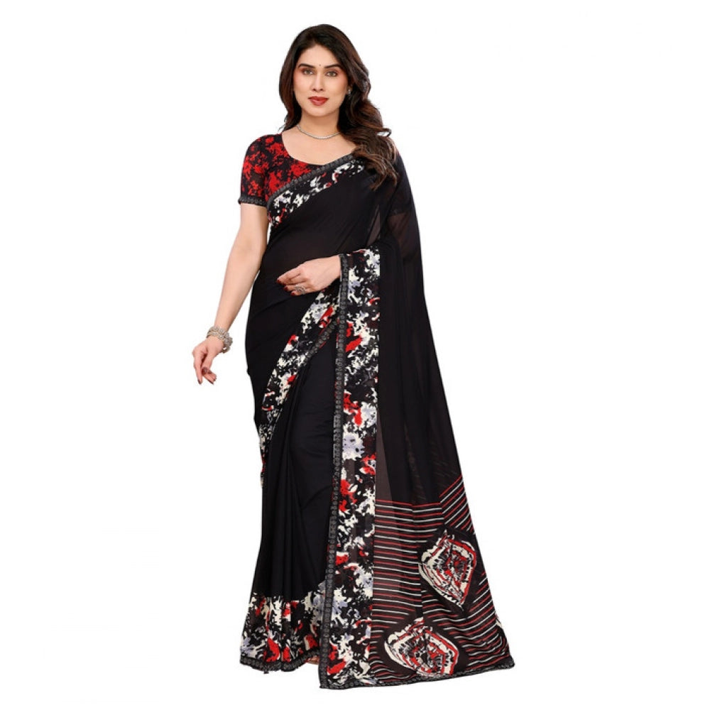 Generic Women's Georgette Printed Saree With Unstitched Blouse 5.5Mtr (Black)