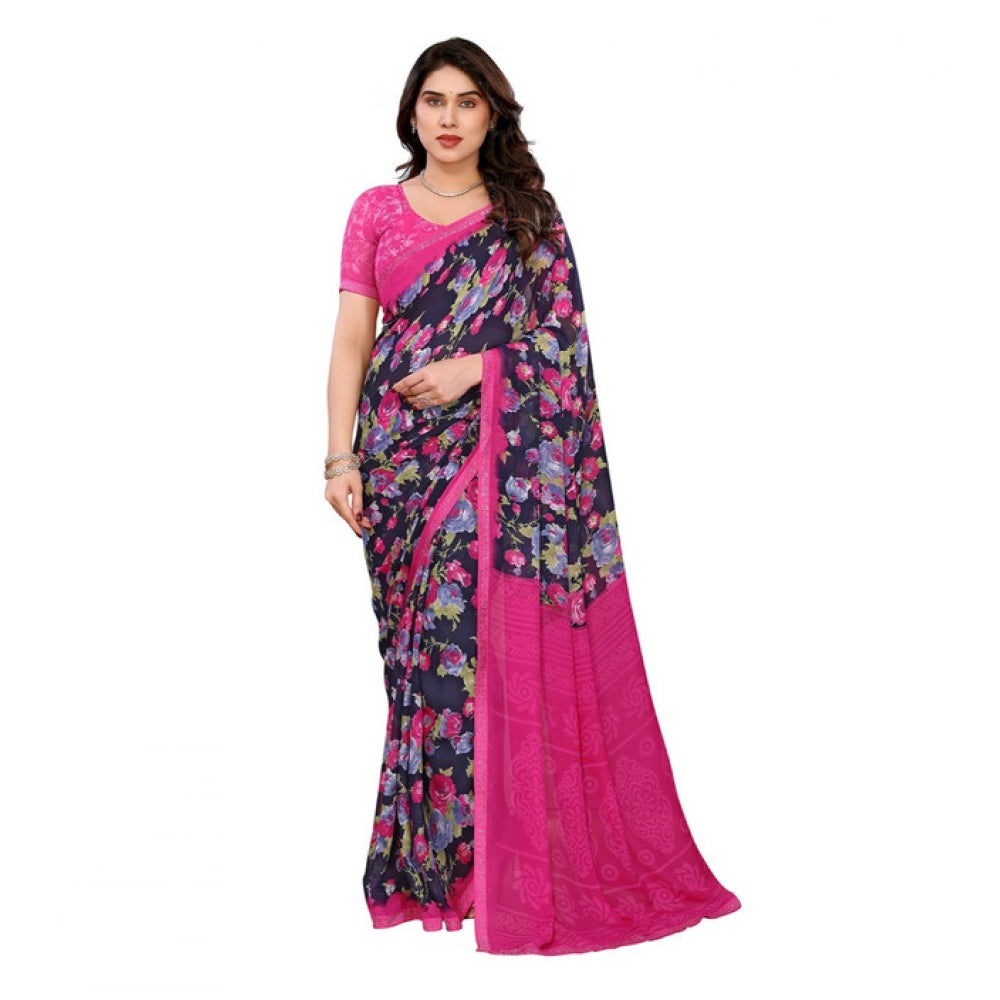 Generic Women's Georgette Printed Saree With Unstitched Blouse 5.5Mtr (Blue)