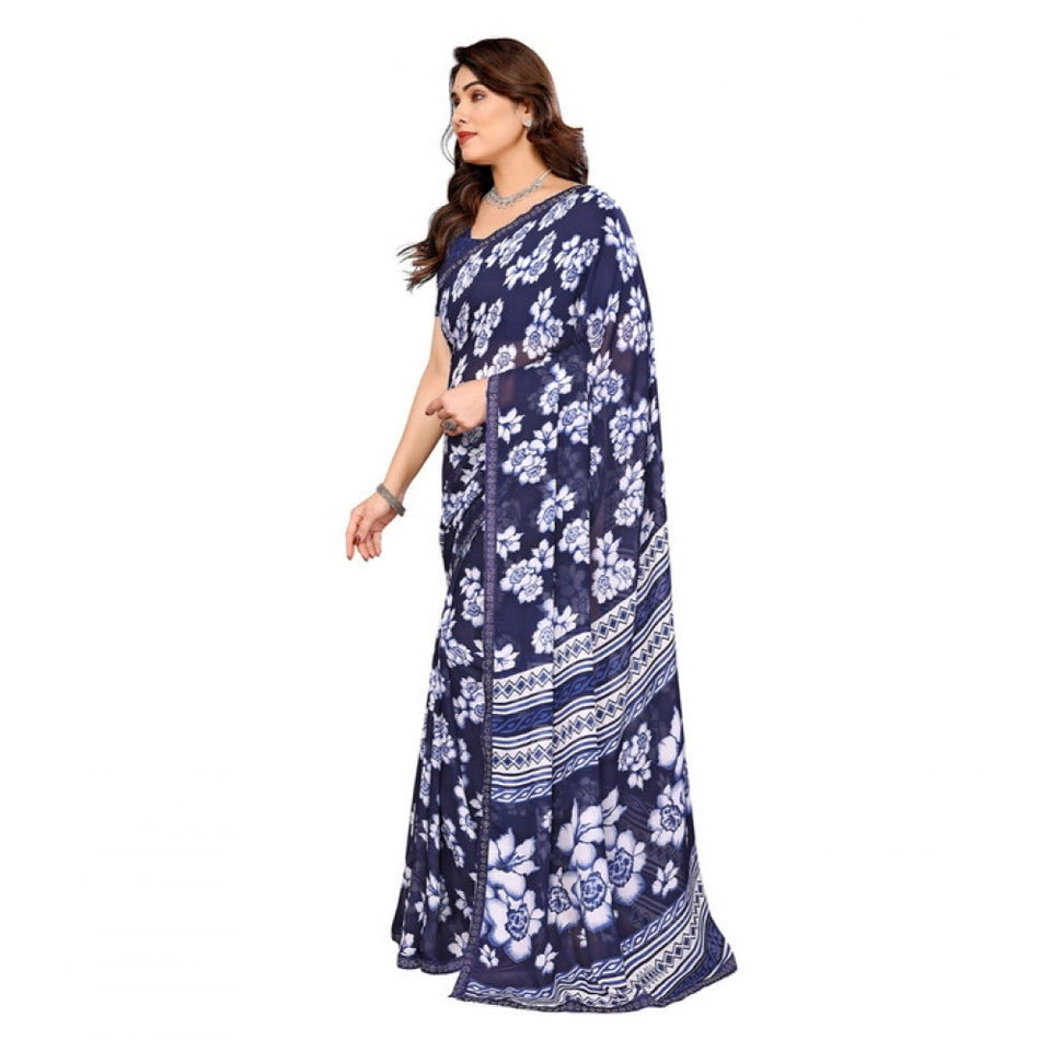 Generic Women's Georgette Printed Saree With Unstitched Blouse 5.5Mtr (Blue)