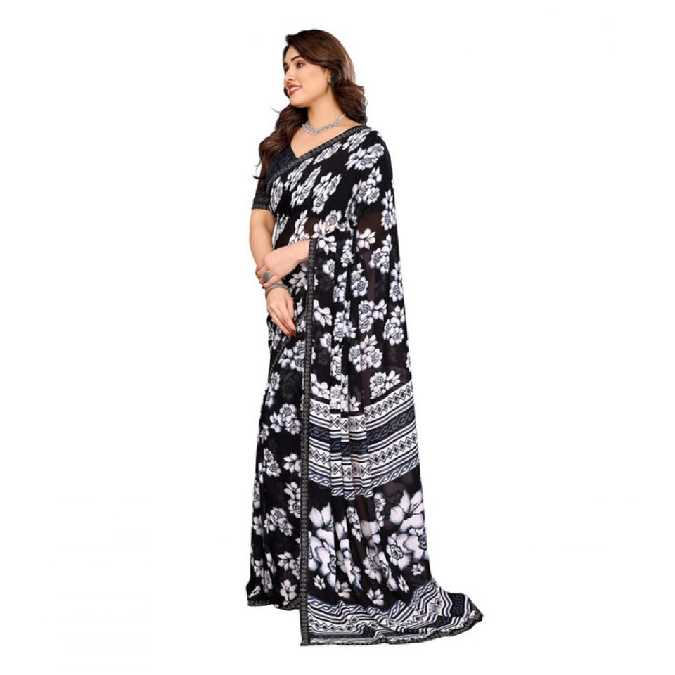 Generic Women's Georgette Printed Saree With Unstitched Blouse 5.5Mtr (Black)