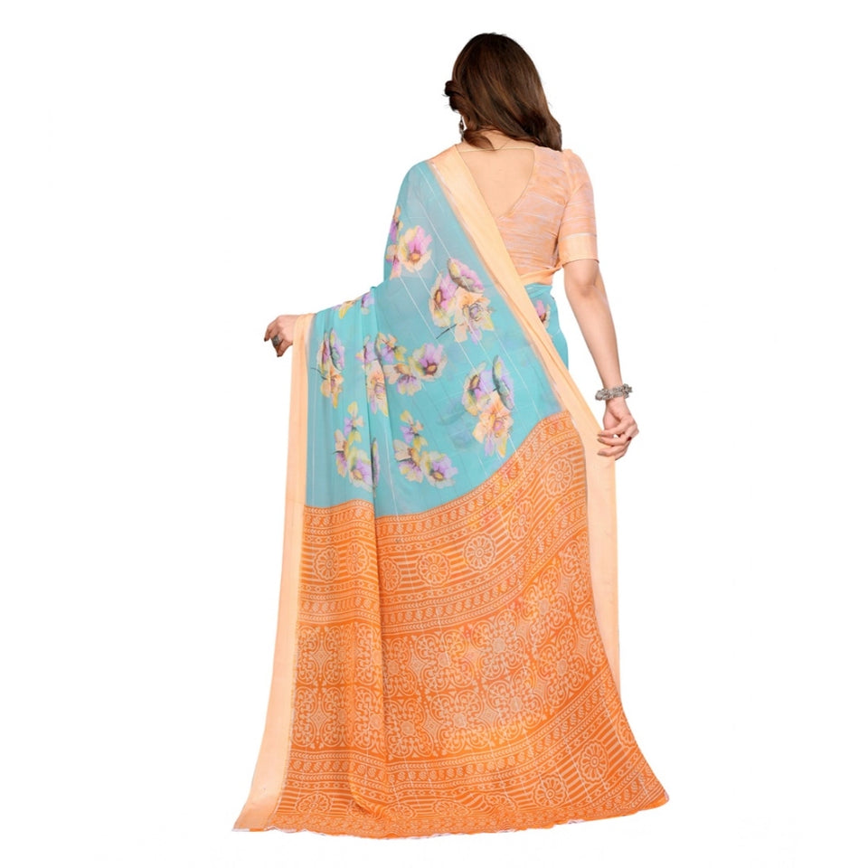 Generic Women's Georgette Printed Saree With Unstitched Blouse 5.5Mtr (Light Blue)