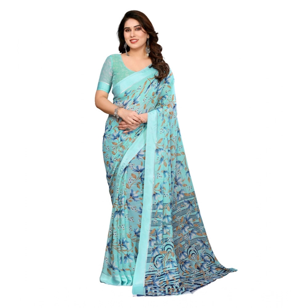 Generic Women's Georgette Printed Saree With Unstitched Blouse 5.5Mtr (Blue)