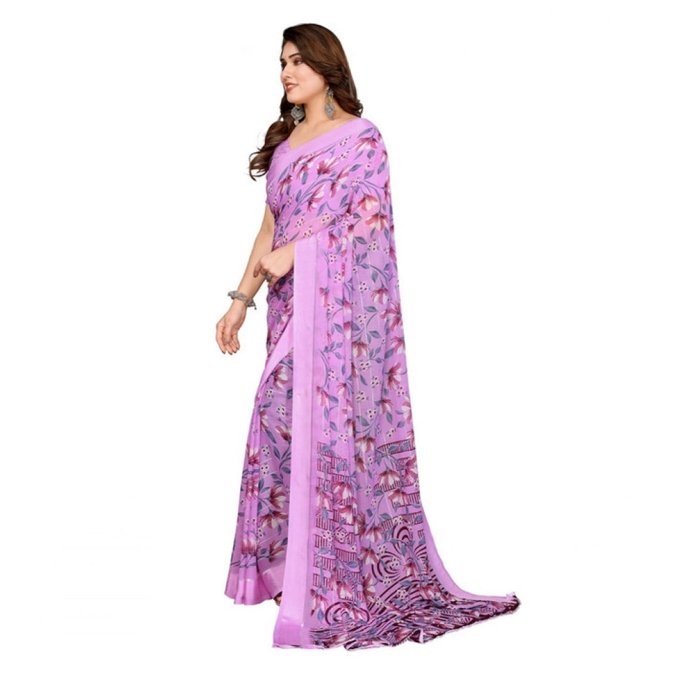 Generic Women's Georgette Printed Saree With Unstitched Blouse 5.5Mtr (Purple)