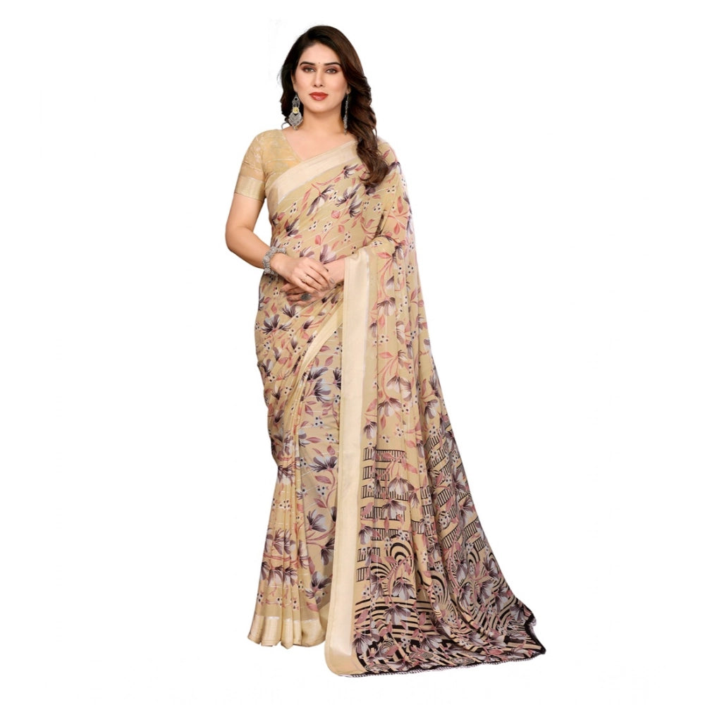Generic Women's Georgette Printed Saree With Unstitched Blouse 5.5Mtr (Beige)