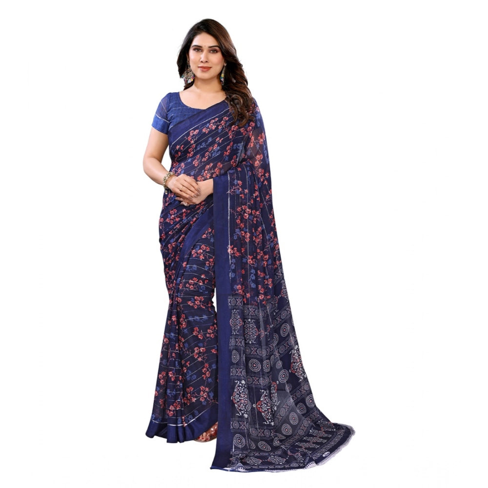 Generic Women's Georgette Printed Saree With Unstitched Blouse 5.5Mtr (Blue)