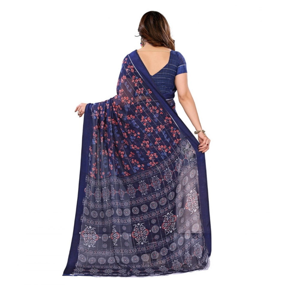 Generic Women's Georgette Printed Saree With Unstitched Blouse 5.5Mtr (Blue)