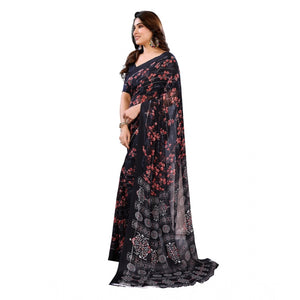 Generic Women's Georgette Printed Saree With Unstitched Blouse 5.5Mtr (Navy Blue)