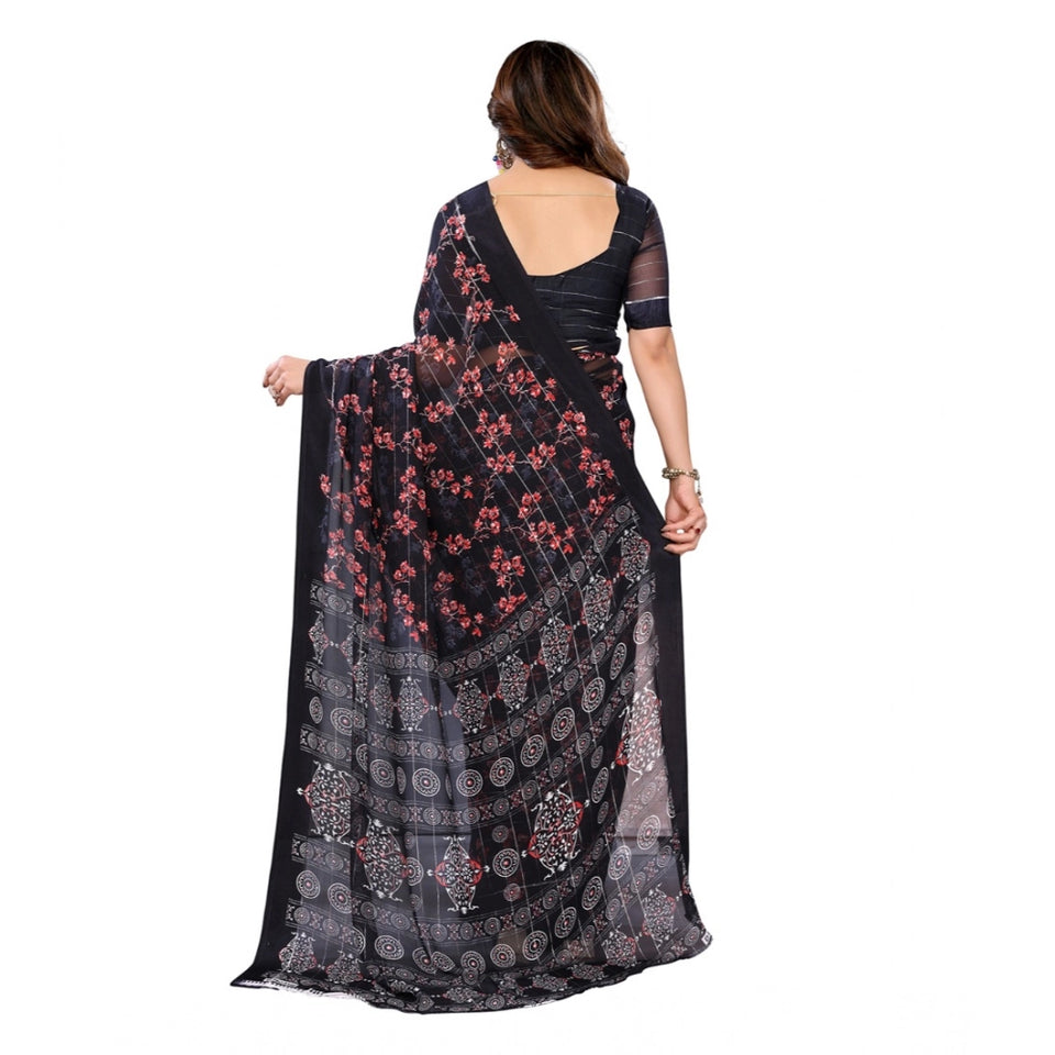 Generic Women's Georgette Printed Saree With Unstitched Blouse 5.5Mtr (Navy Blue)