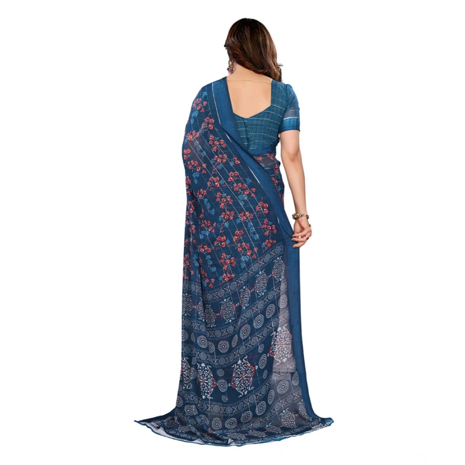 Generic Women's Georgette Printed Saree With Unstitched Blouse 5.5Mtr (Blue)