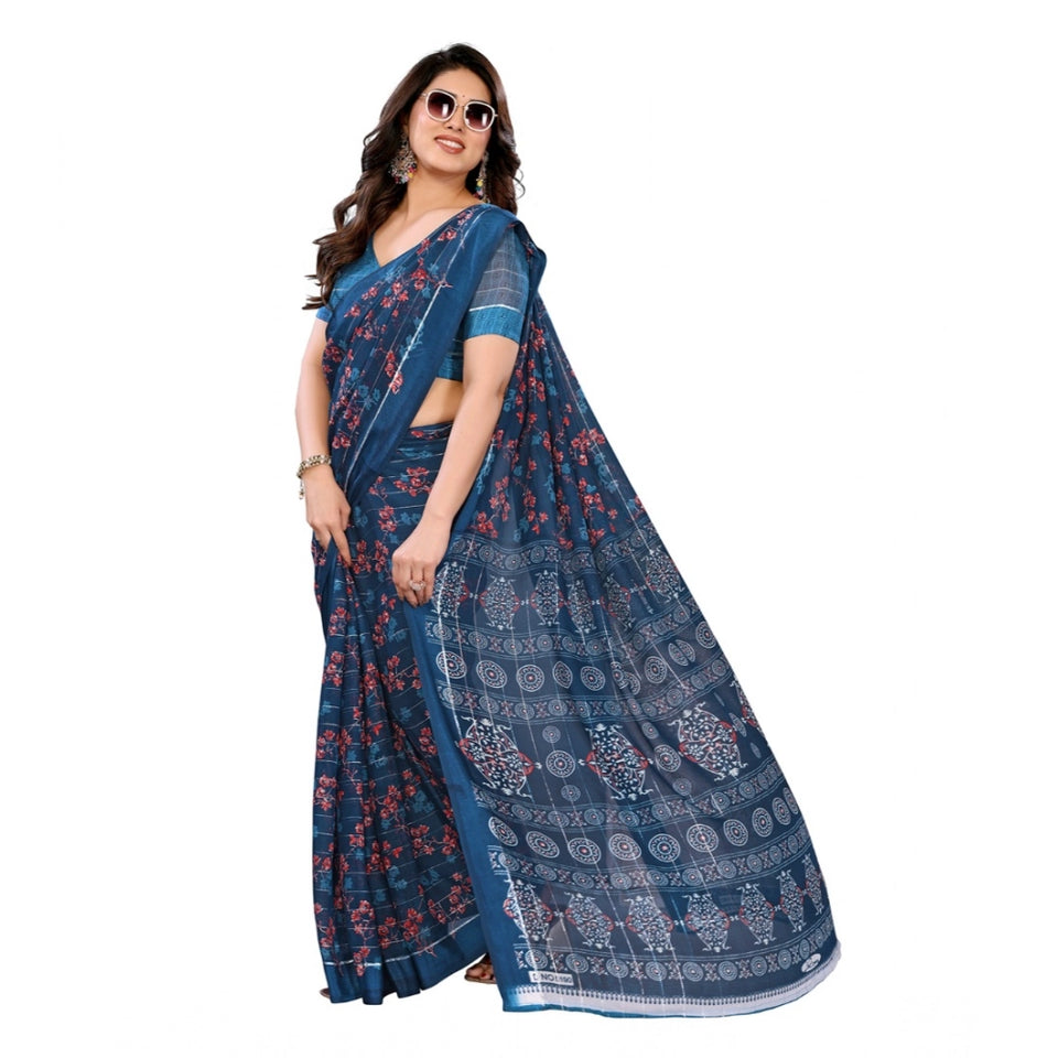 Generic Women's Georgette Printed Saree With Unstitched Blouse 5.5Mtr (Blue)